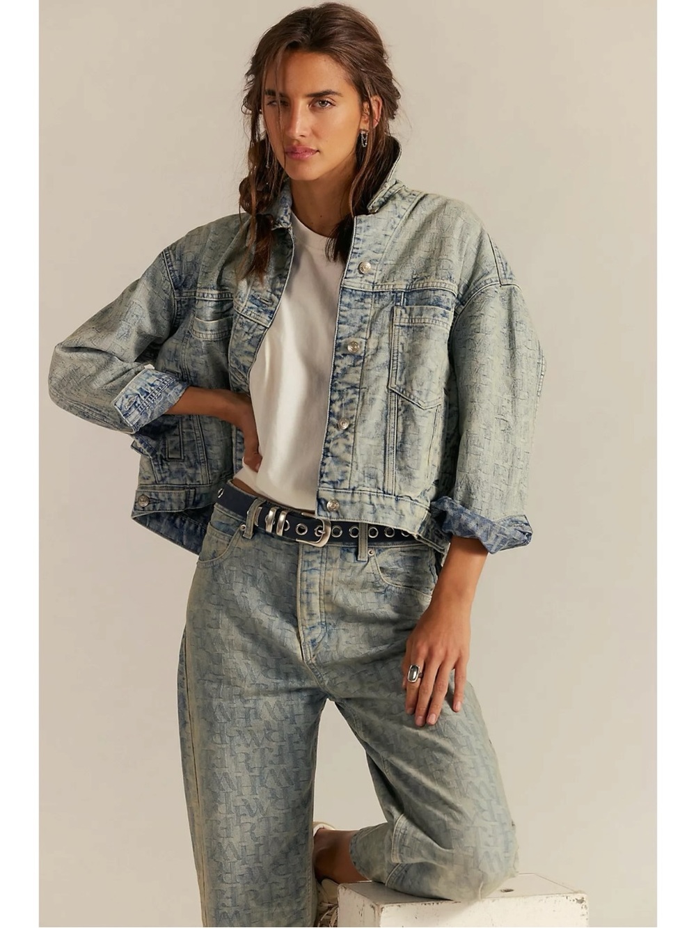 Free People Oversized Bohemian Opal Swing Jacquard Denim Jean Jacket  Size XL - Picture 1 of 11